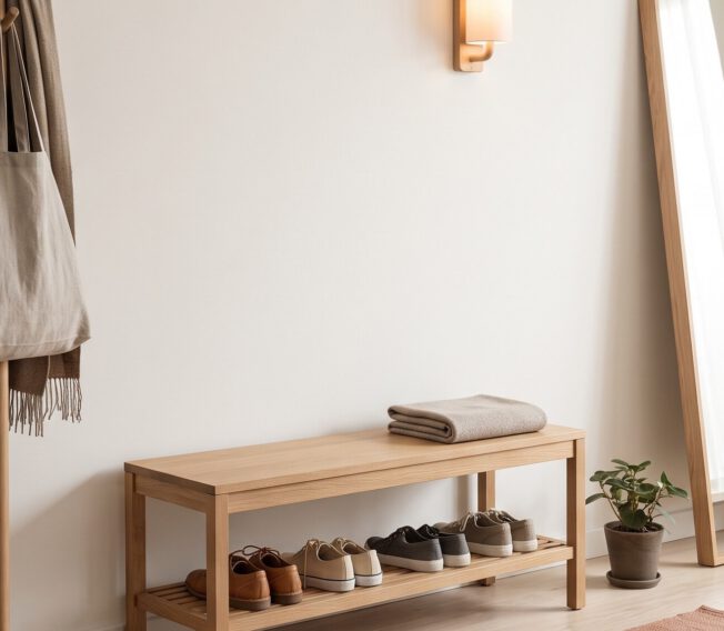 Entryway with an oak shoe bench, wall hooks and a tall floor mirror