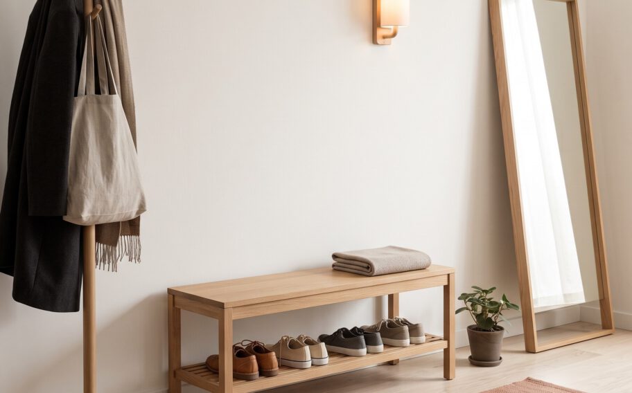 Entryway with an oak shoe bench, wall hooks and a tall floor mirror