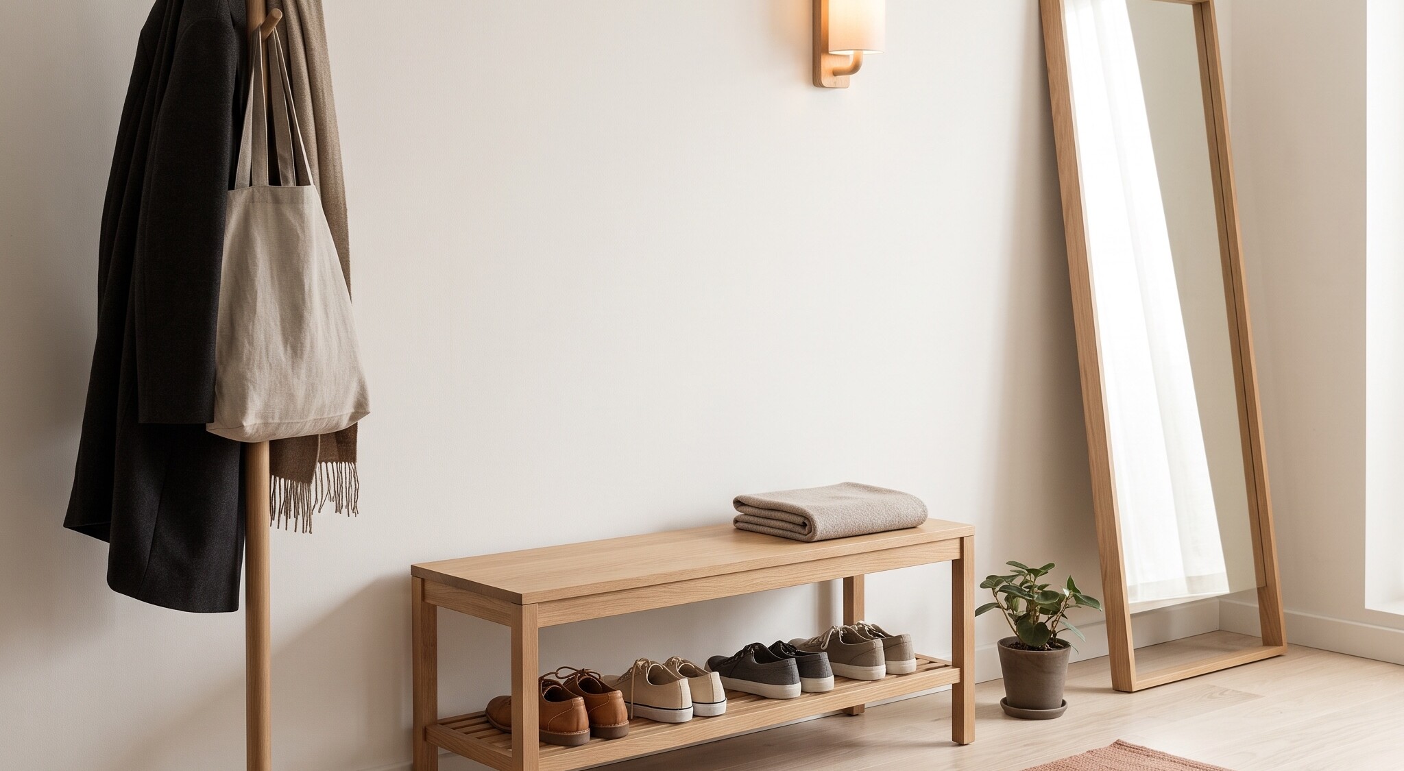 Entryway with an oak shoe bench, wall hooks and a tall floor mirror