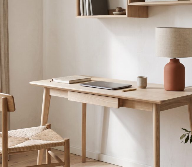 Solid oak writing desk with a chair, wall shelf and ceramic lamp