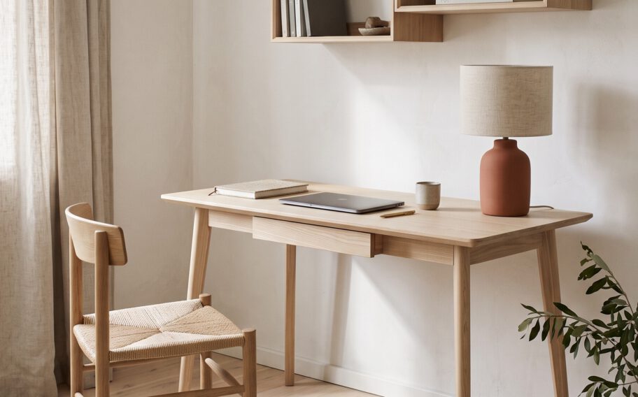 Solid oak writing desk with a chair, wall shelf and ceramic lamp