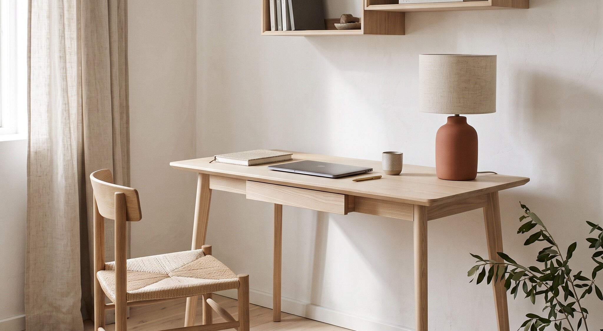 Solid oak writing desk with a chair, wall shelf and ceramic lamp