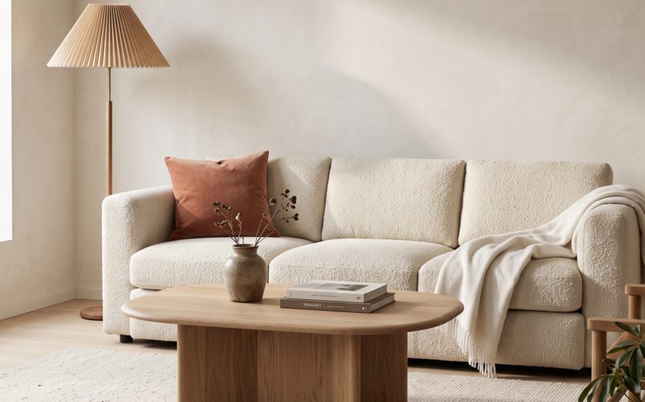 Living room with a cream sofa, oak coffee table and pleated floor lamp