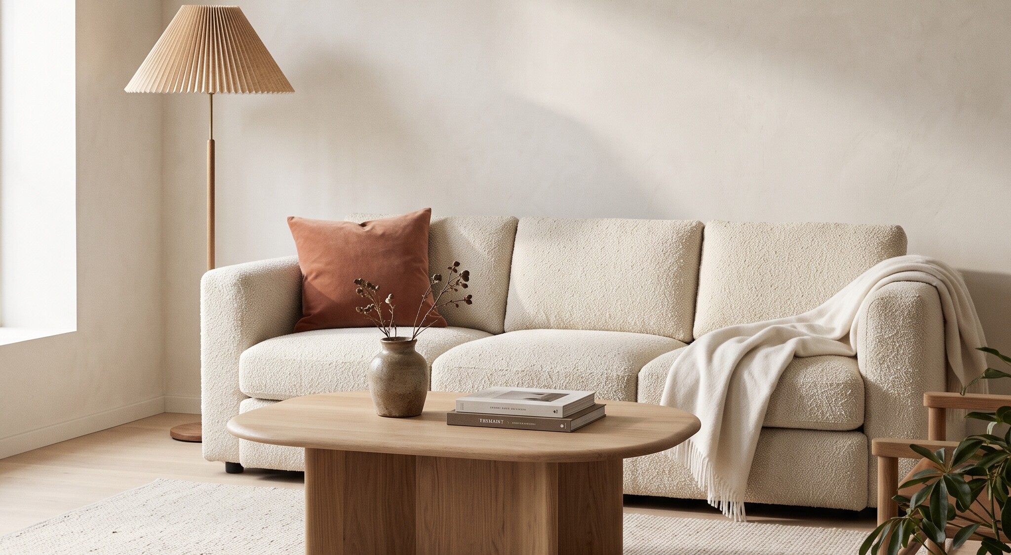 Living room with a cream sofa, oak coffee table and pleated floor lamp