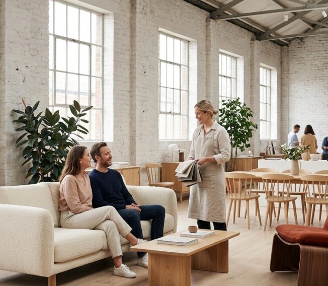 Customers trying sofas in a bright industrial showroom with a designer