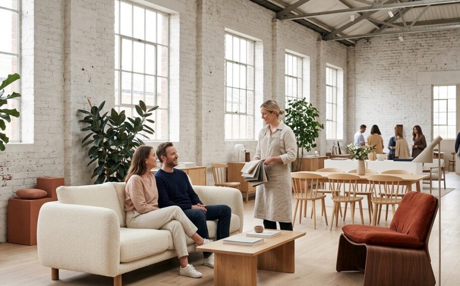 Customers trying sofas in a bright industrial showroom with a designer