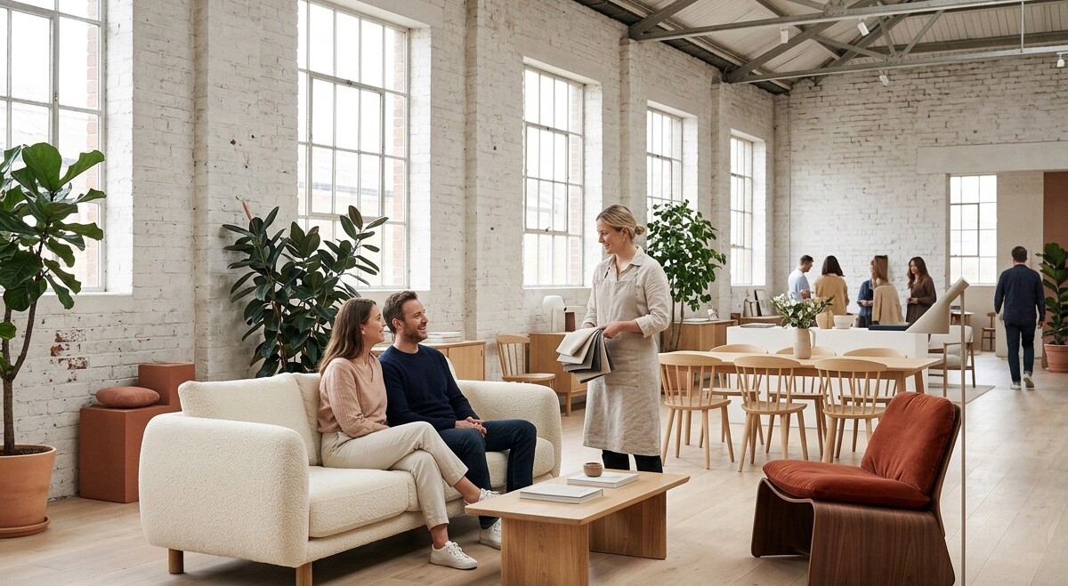 Customers trying sofas in a bright industrial showroom with a designer