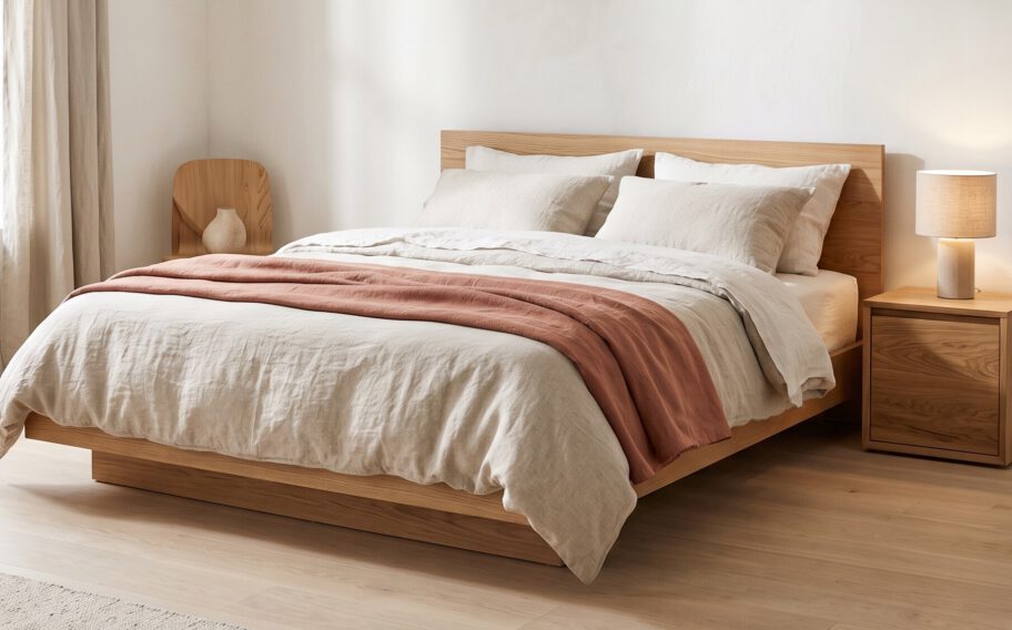Bedroom with linen bedding and a warm bedside table lamp