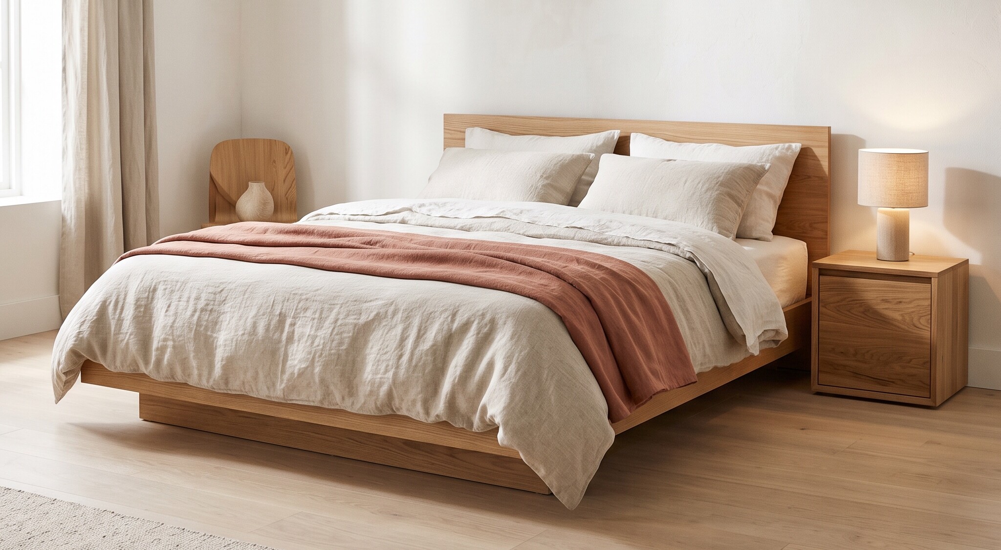 Bedroom with linen bedding and a warm bedside table lamp