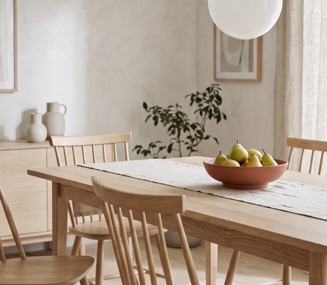 Small dining room with an oak table, spindle chairs and a paper pendant lamp