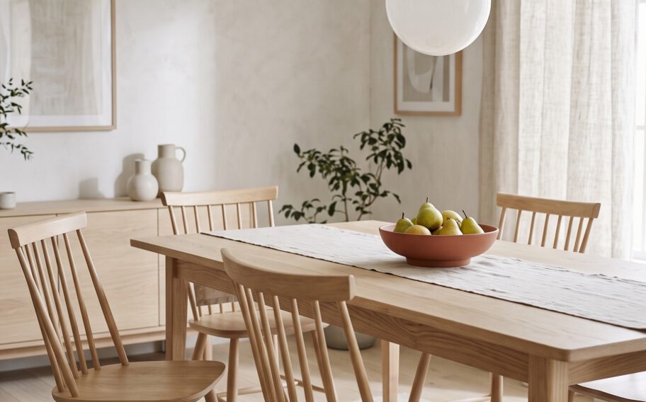 Small dining room with an oak table, spindle chairs and a paper pendant lamp