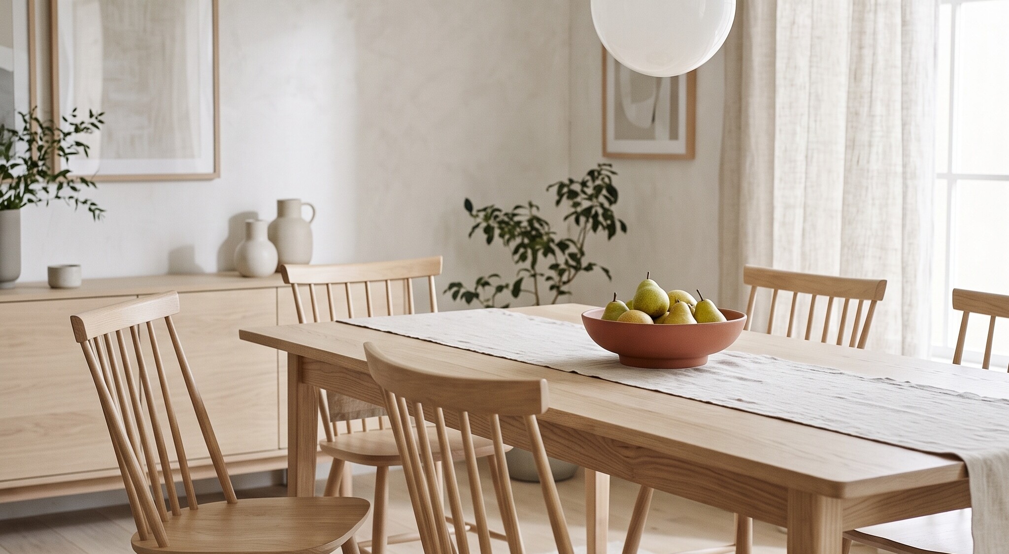 Small dining room with an oak table, spindle chairs and a paper pendant lamp
