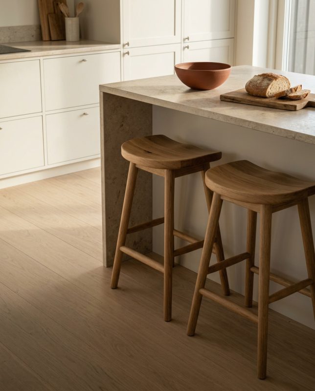 Kitchen island with two oak counter stools