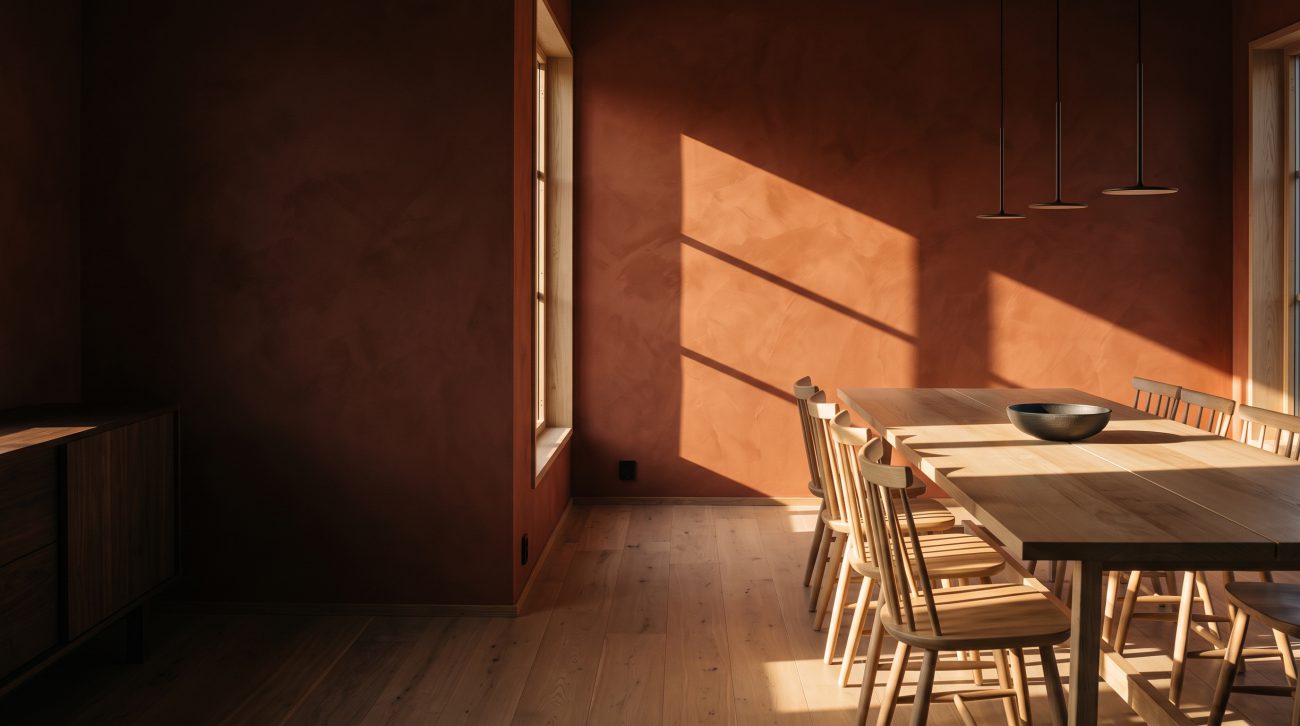 Dining room with terracotta walls and warm sunlight