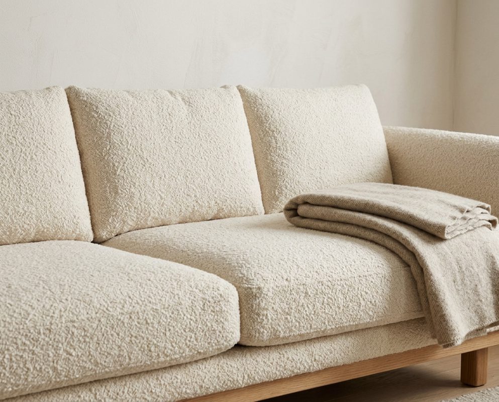 Cream bouclé sofa with a knitted throw