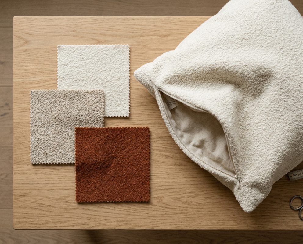 Fabric swatches and a bouclé cushion on an oak table
