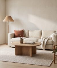 Bright living room with cream sofa and oak coffee table