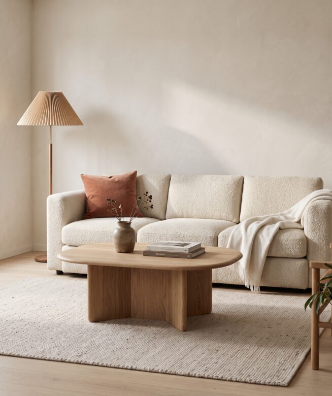 Bright living room with cream sofa and oak coffee table