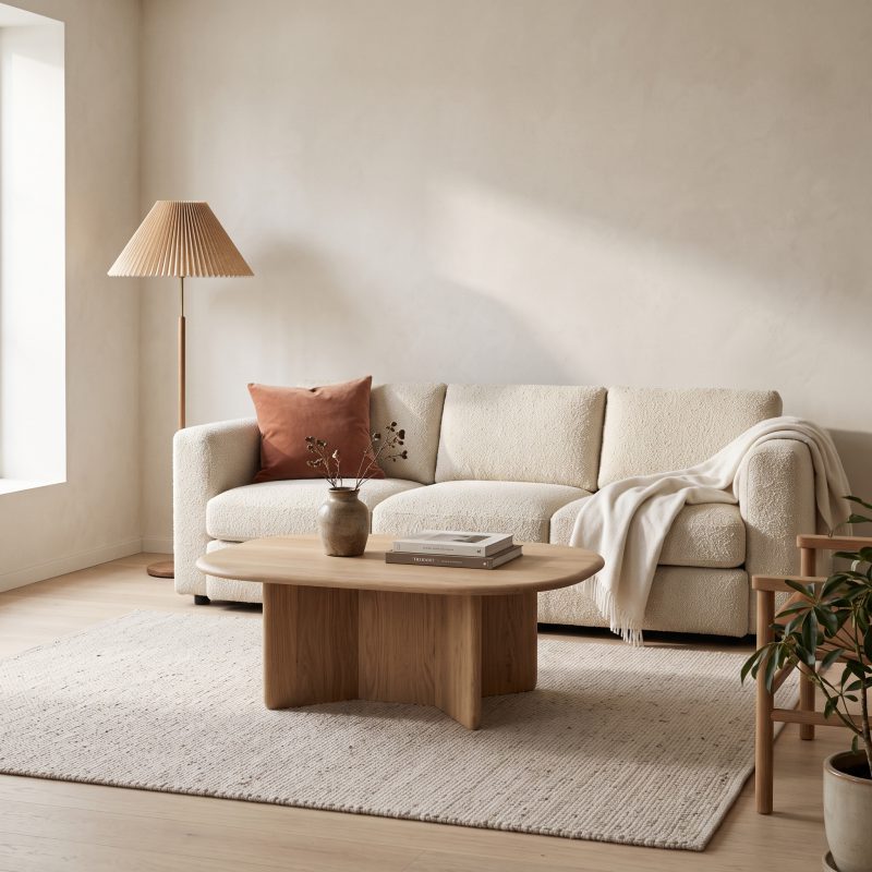 Bright living room with cream sofa and oak coffee table