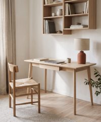 Workspace with oak desk and woven chair