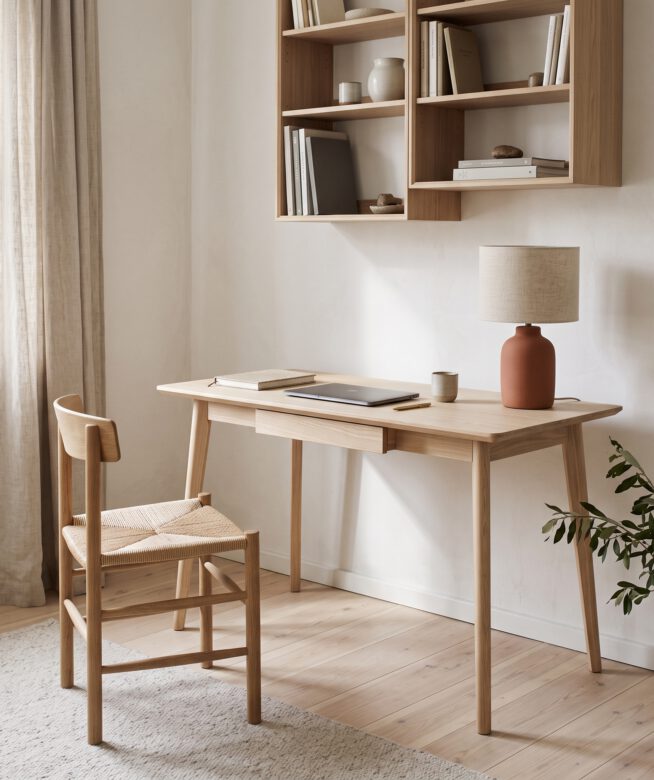 Workspace with oak desk and woven chair