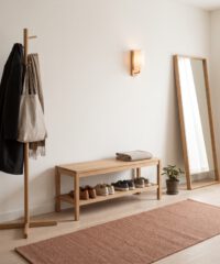 Entryway with oak bench, coat rack and mirror
