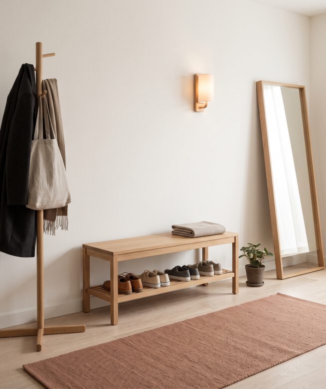 Entryway with oak bench, coat rack and mirror