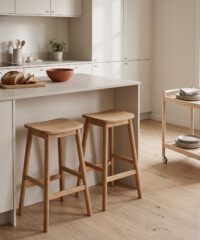 Kitchen island with two oak counter stools