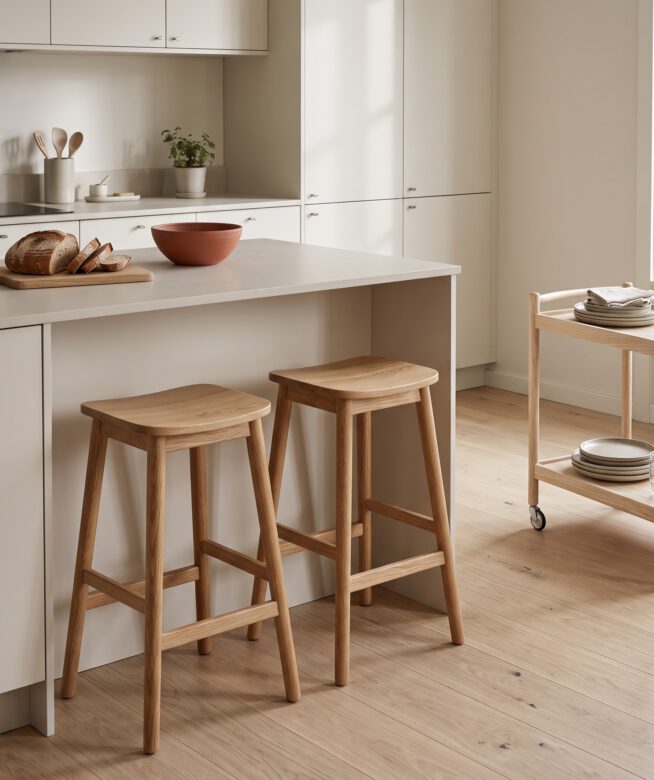 Kitchen island with two oak counter stools