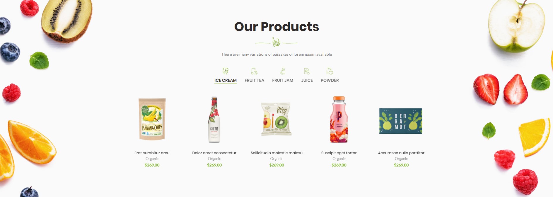 Products section with icon tabs