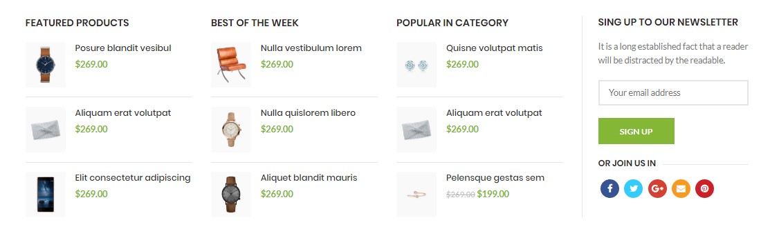 Products widget + newsletter