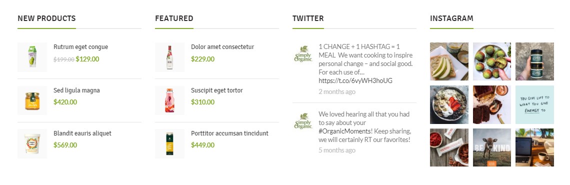 Products widgets + Instagram and Twitter