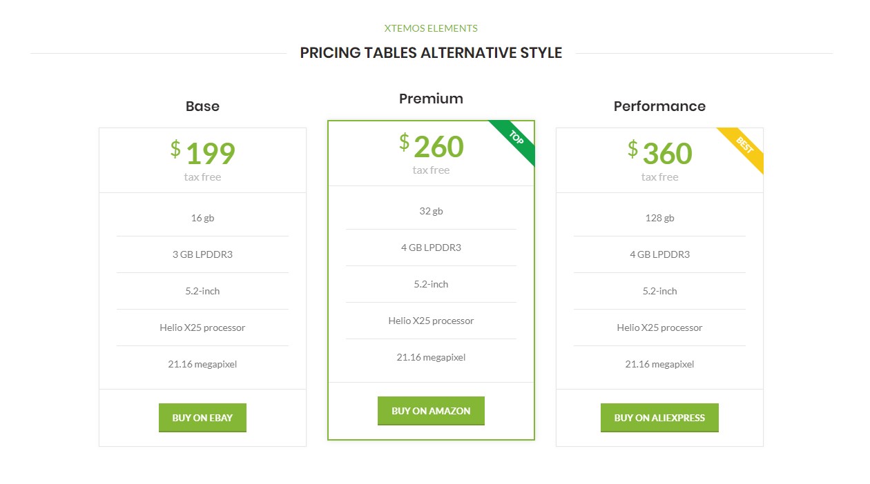 Pricing tables alternative style