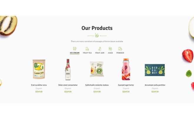 Products section with icon tabs