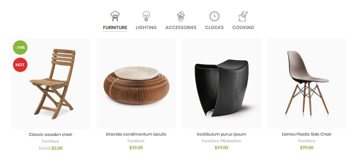Products tabs with icons