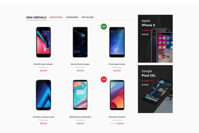 Tabs with 3 columns products + banners