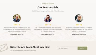 Testimonials and newsletter