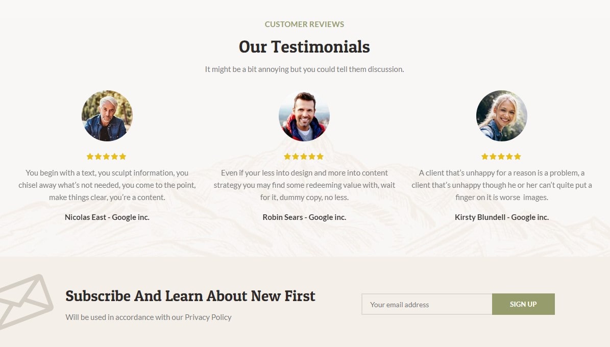 Testimonials and newsletter