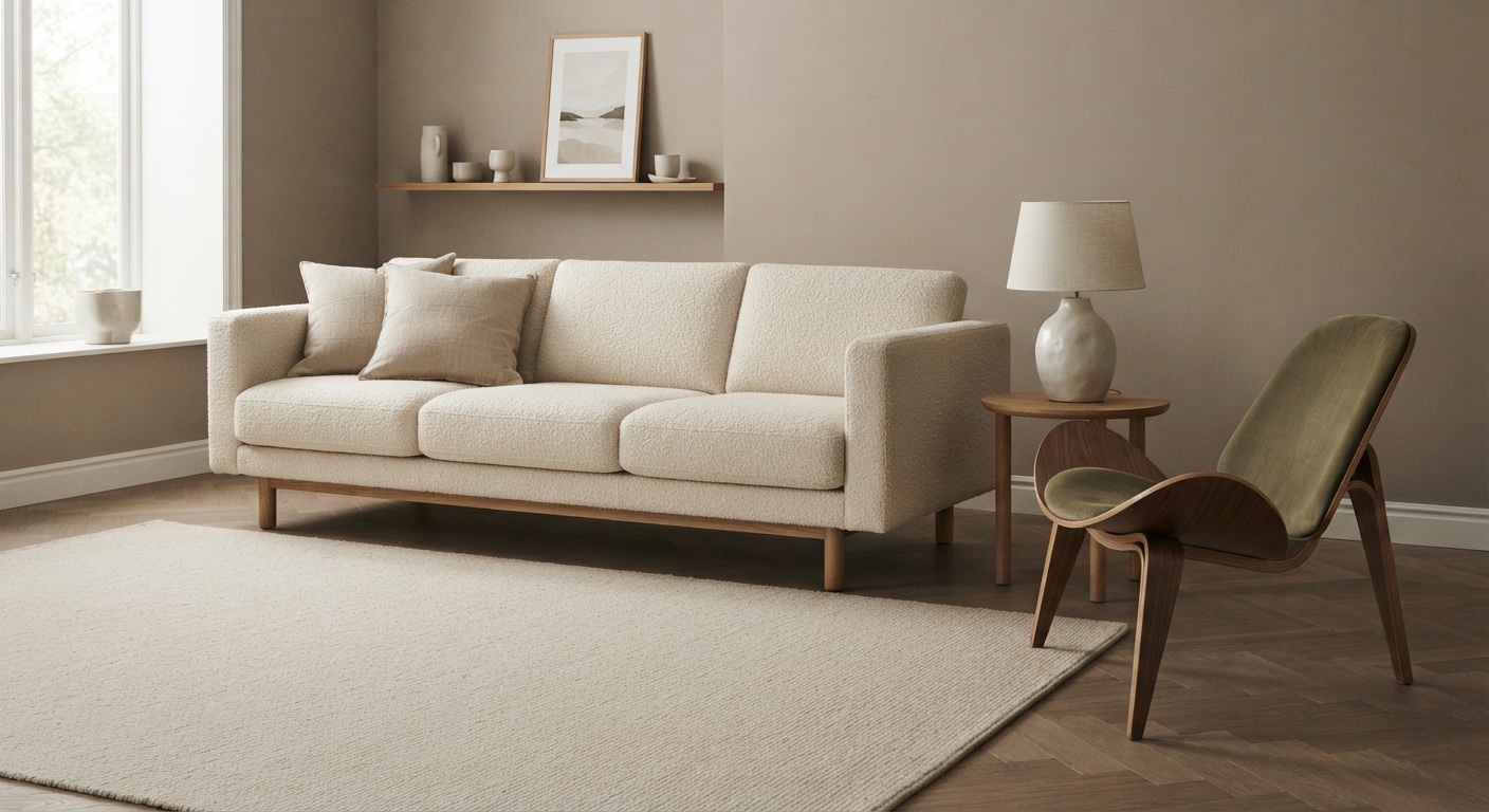 Living room with cream sofa and lounge chair — Calm Living set