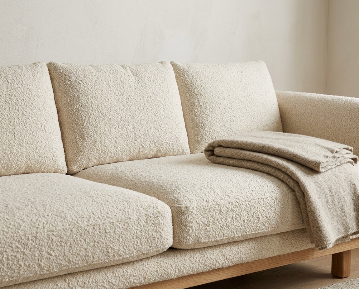 Cream bouclé sofa with a rust throw