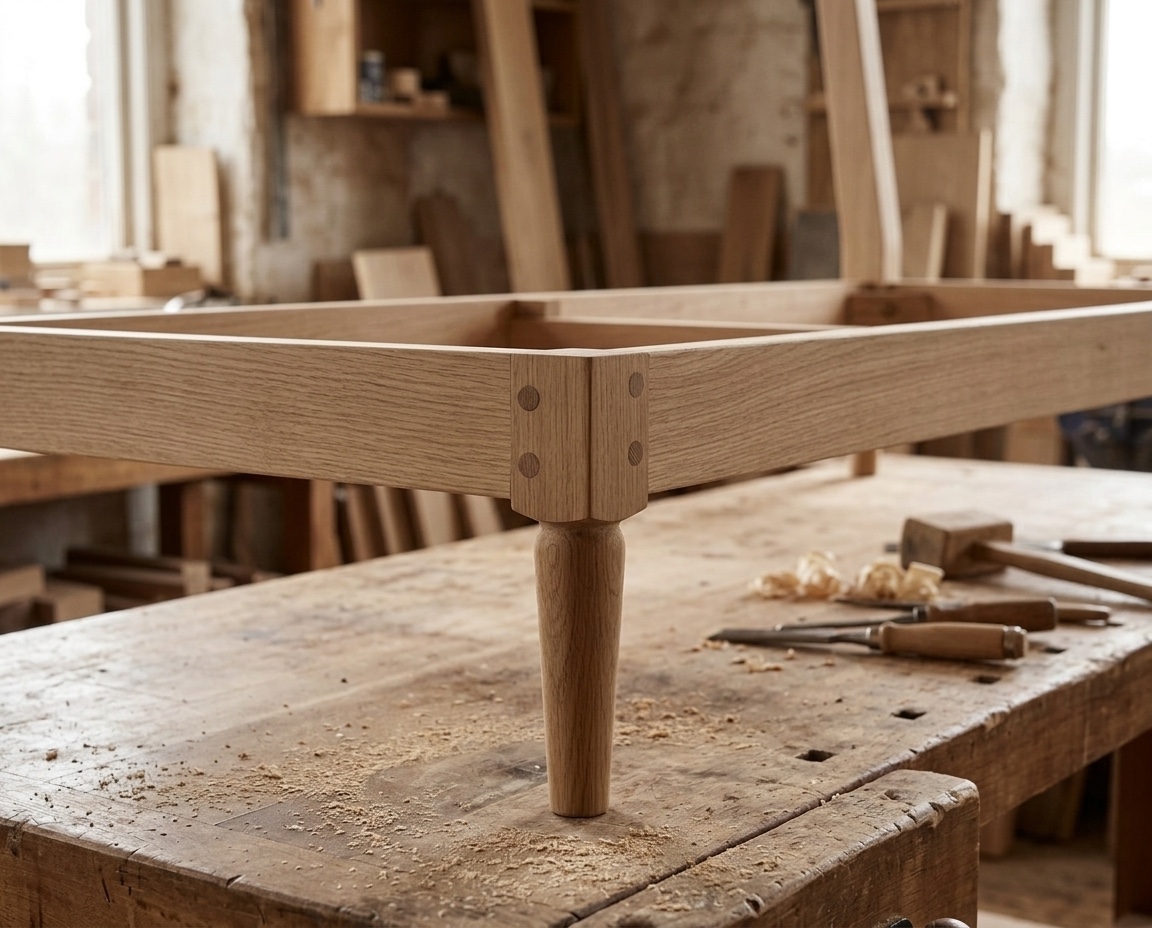 Solid oak sofa frame in the workshop